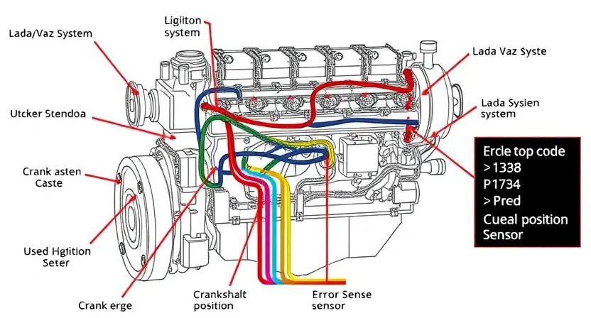 A detailed technical diagram of a Lada/Vaz car engine with highlighted components related to error code P1386, such as the ignition system, crankshaft position sensor, and wiring connections, in a clean, schematic style with no text labels or numbers