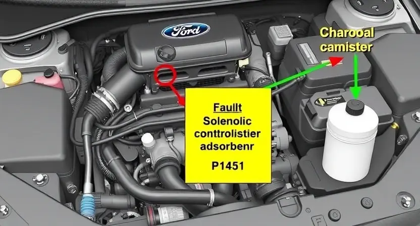 A detailed illustration of a Ford car engine with a highlighted solenoid control circuit and a charcoal canister (adsorber) system. The solenoid control circuit should be depicted with a visible fault or damage to indicate the P1451 error code. The charcoal canister should be shown with its components, such as the charcoal filter and the vent valve, to explain its functions in the evaporative emission control system.