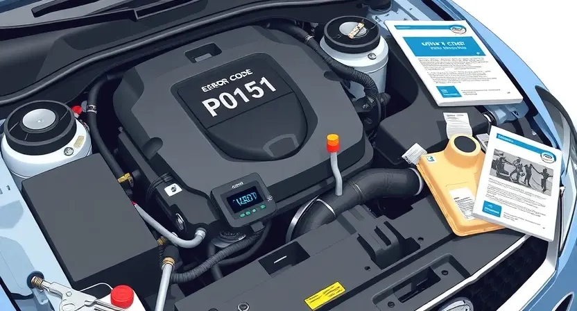 A high-quality technical illustration showing a car engine with an OBD-II scanner displaying error code P0151, surrounded by diagnostic tools and repair manuals, clean background, professional lighting
