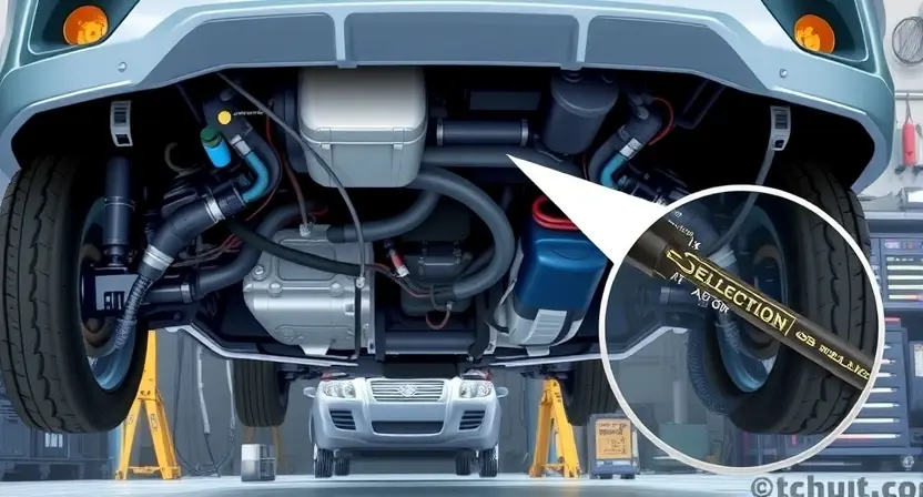 A detailed illustration of a car's undercarriage with a focus on the floor sensor. The image should show the sensor's location, its wiring, and any visible signs of damage or wear. Include a close-up view of the sensor itself, highlighting its components and connections. The background should depict a well-lit workshop with diagnostic tools and equipment, suggesting a professional diagnostic environment.