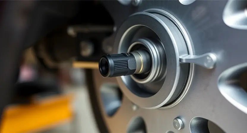 A close-up, detailed image of a car's front right wheel hub assembly. The focus should be on the speed sensor and its connection points. Show the sensor clearly, highlighting its physical appearance and how it integrates with the wheel hub. The background should be blurred, suggesting a garage or workshop environment.