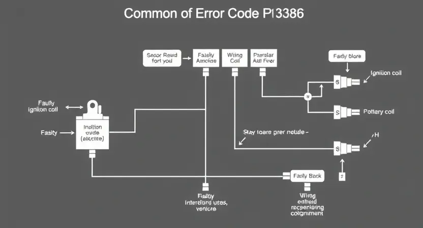 A detailed technical diagram showing the common causes of error code P1386 on Lada/Vaz vehicles, including faulty ignition coil, wiring issues, and sensor malfunctions, presented in a clean, schematic style with labeled components and no text or numbers