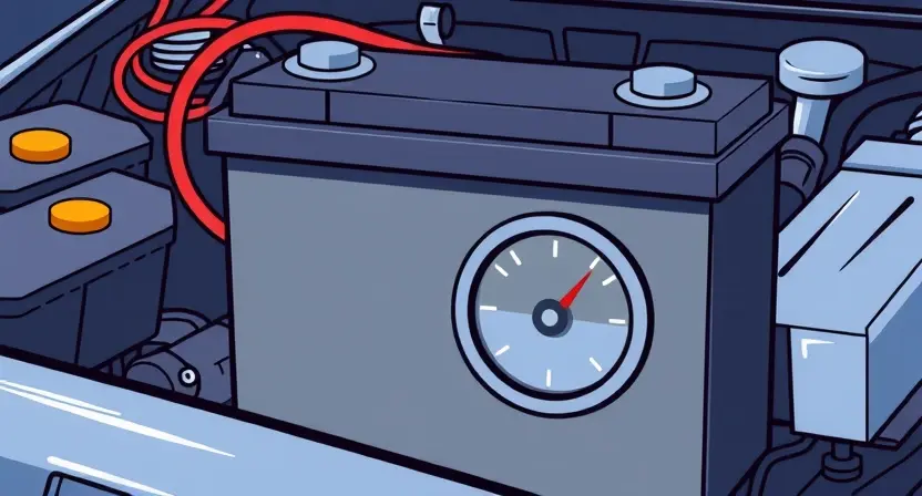 A stylized illustration depicting a car battery with a voltmeter showing a high voltage reading. The background should subtly suggest electrical components and circuitry. Focus on conveying the concept of overcharging without showing any specific car model or brand.