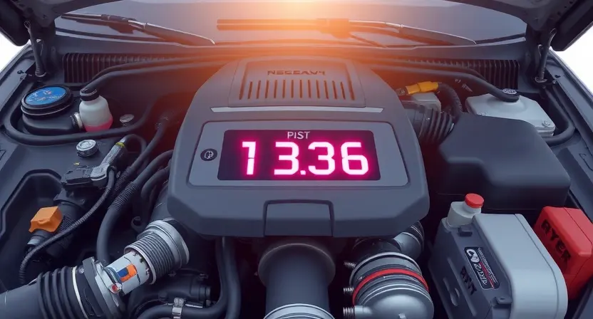 A high-quality technical illustration showing a car engine with a glowing check engine light displaying error code P1336, surrounded by diagnostic tools and engine components like spark plugs and catalytic converter, clean background, technical diagram style