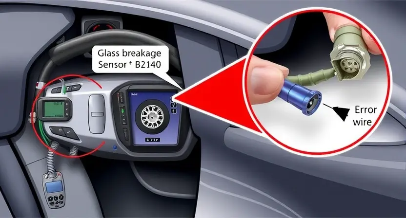 A detailed technical illustration of a car's glass breakage sensor circuit, showing wiring, sensor components, and a fault indicator highlighting error code B2140, with a magnified view of a broken wire or corroded connector, set against a clean automotive diagnostic background