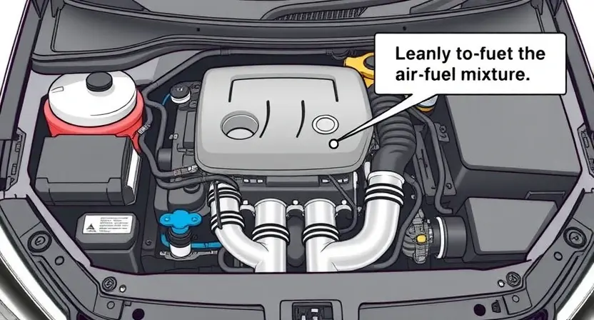 A detailed illustration of a car's engine compartment, focusing on the catalytic converter and exhaust system. The image should visually represent a lean air-fuel mixture, perhaps with subtle visual cues like a slightly lighter color or a less dense representation of the exhaust gases exiting the converter. The overall aesthetic should be clean and informative, suitable for a technical guide. The engine should be modern and well-maintained.