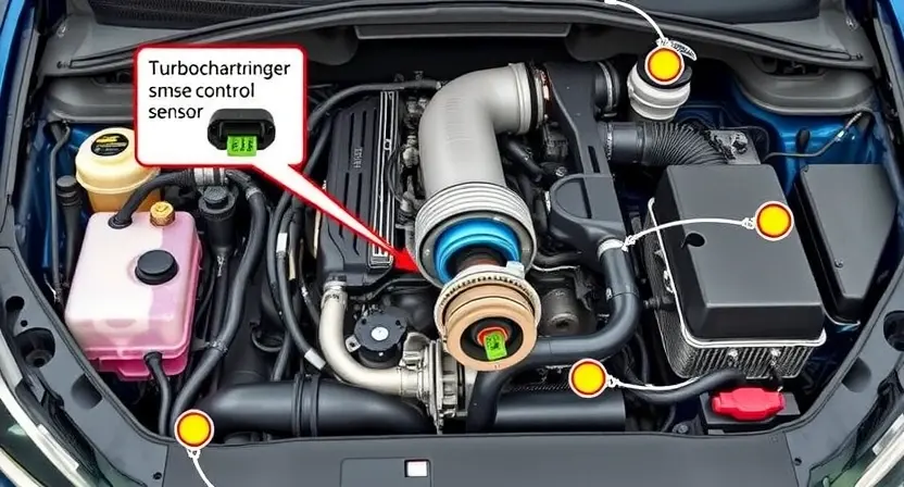 A detailed illustration of a car engine bay, focusing on the area around the turbocharger and position sensor. Include visual representations of wiring, sensors, and components related to the turbocharger's position. The image should clearly depict the sensor and its connection to the engine control unit (ECU).