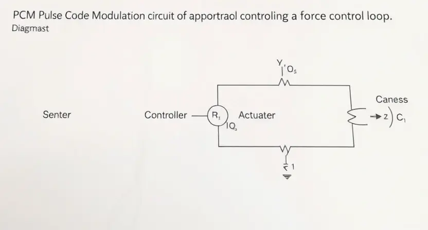 A detailed schematic diagram illustrating a PCM (Pulse Code Modulation) circuit controlling a force control loop. The diagram should clearly show the PCM signal, the control loop components (sensor, controller, actuator), and the feedback path. Focus on the signal flow and the role of PCM in regulating the force. Use clean lines and standard schematic symbols.