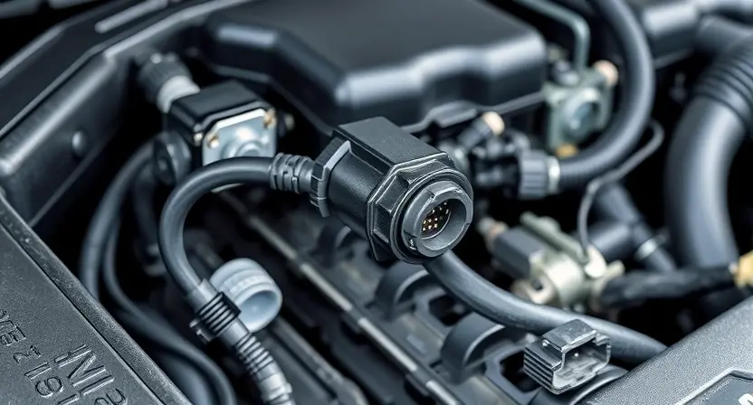 A close-up, detailed illustration of an engine bay with a focus on the mass airflow sensor (MAF sensor). The sensor should be clearly visible, along with associated wiring and intake manifold components. Use bright, clean lighting to highlight the sensor's details. The overall composition should be technical and informative, suitable for a repair manual or diagnostic guide. The background should be slightly blurred to emphasize the sensor.