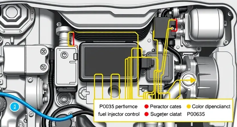 A technical diagram showing the internal components of an automotive engine control unit (ECU) with highlighted circuit pathways, representing the P0636 code related to fuel injector control circuit performance, no text or labels, clean industrial design, high detail