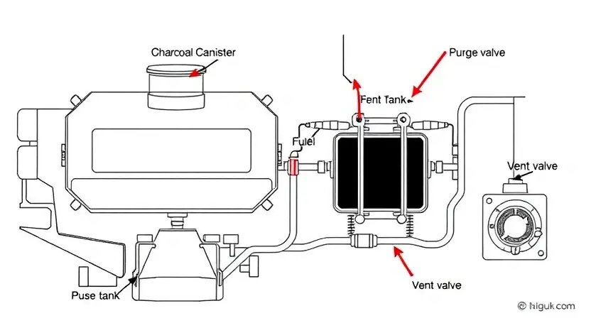 A high-quality technical illustration showing the EVAP system of a GM or Chevrolet vehicle, focusing on the charcoal canister (adsorber) and its connection to the fuel tank, purge valve, and vent valve. Show arrows indicating the flow of fuel vapors through the system. Include labeled components like 'Charcoal Canister', 'Fuel Tank', 'Purge Valve', and 'Vent Valve'. Use clean technical diagram style with precise lines and minimal text. Avoid any text on the image except for the labeled component