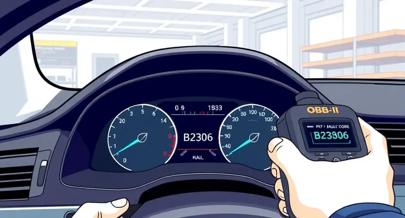 A detailed technical illustration of a car's OBD-II diagnostic system showing a fault code B2306 on a digital display, with a mechanic's hand holding a diagnostic scanner, clean modern workshop background, high-quality technical diagram style