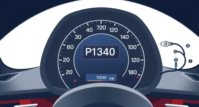 A high-quality technical illustration showing a BMW vehicle dashboard with the P1340 error code displayed on the instrument cluster, surrounded by subtle diagnostic symbols like a spark plug and wiring diagram, clean white background, professional automotive repair aesthetic