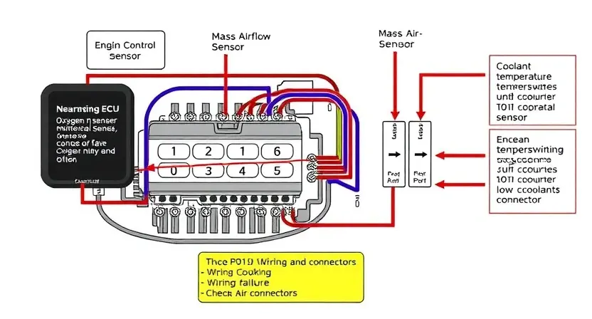 A detailed diagram illustrating a car's engine control unit (ECU) and its connection to various sensors and components like the oxygen sensor, mass airflow sensor, and coolant temperature sensor. Highlight the wiring harness and electrical connectors. The diagram should clearly show the flow of electrical signals and the potential points of failure related to the P0119 error code (low coolant temperature). Focus on the diagnostic process of checking wiring and connectors.