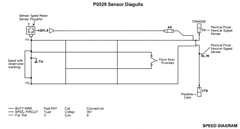 A detailed schematic diagram of a vehicle's speed sensor circuit, highlighting the P0529 error code. Include visual representations of the sensor, wiring harness, connectors, and potential points of failure. The diagram should be clean, well-labeled, and illustrate the flow of electrical signals.