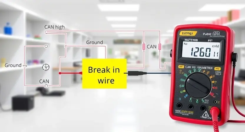 A detailed schematic diagram illustrating a CAN bus circuit with a highlighted break in the wire. Include labels for CAN high, CAN low, ground, and a CAN transceiver. Show a multimeter displaying an open circuit where the break is located. The background should be a clean, professional laboratory setting.