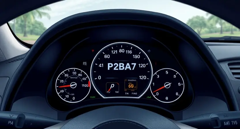 A detailed illustration of a vehicle's dashboard displaying a P2BA7 error code. The dashboard should show various gauges and indicators, with the error code prominently highlighted. The background should be a realistic depiction of a car interior.