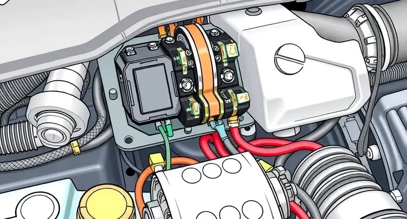 A detailed, high-quality illustration of an automotive engine bay, focusing on the relay module for the air compressor clutch. The image should clearly show the relay, wiring connections, and surrounding components like hoses and belts. The lighting should be bright and even, highlighting the details of the electrical components.