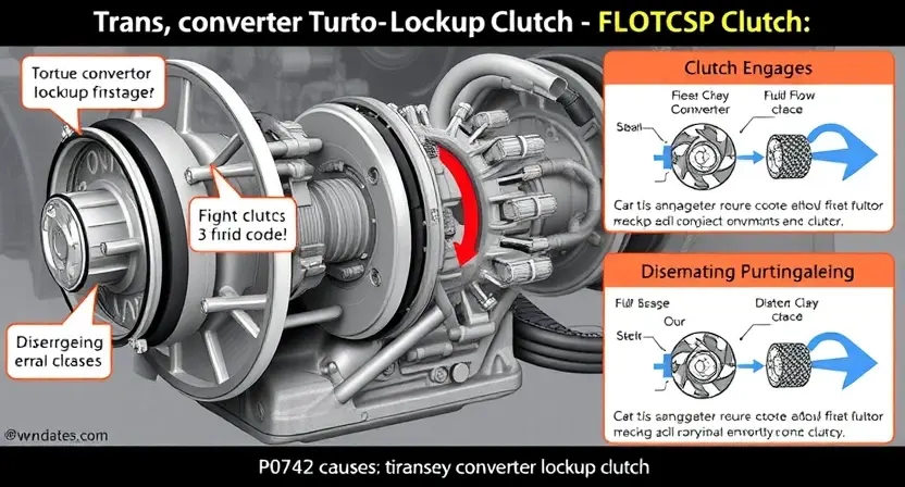 A detailed illustration of a car's transmission system, specifically focusing on the torque converter lockup clutch. Show the clutch engaging and disengaging, with visual cues representing the fluid flow and mechanical interaction. Include diagrams illustrating the components involved and the potential causes of the P0742 error code.