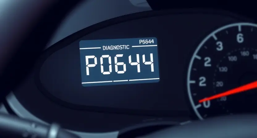 A close-up, detailed illustration of a car's dashboard with a diagnostic display showing the code 'P0644'. The background should subtly suggest a car interior. Focus on the display and the code itself.