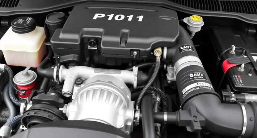 A detailed, high-quality image depicting a car's engine bay. Focus on the components related to the system indicated by error code P0121 (likely related to the Manifold Absolute Pressure (MAP) sensor or vacuum leak). Show the MAP sensor, vacuum hoses, intake manifold, and related wiring. The image should emphasize the physical location and connections of these parts within the engine bay. The overall composition should be clean and well-lit, suitable for diagnostic purposes. The engine should ap
