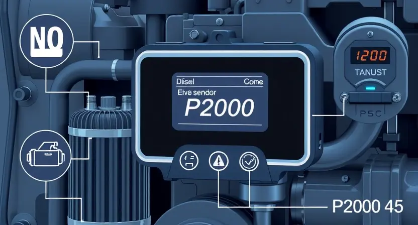 A high-quality technical illustration showing a modern diesel engine control unit with a warning indicator for P2000 error code, surrounded by diagnostic symbols like NOx sensor, exhaust pipe, and digital error display, clean technical diagram style, precise engineering details, no text labels or numbers on image