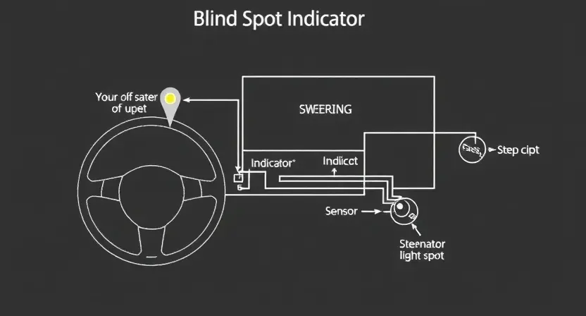 A detailed schematic diagram illustrating the circuit of the blind spot indicator, focusing on the sensors and their positioning within a vehicle's steering system. Include labeled components like sensors, wiring, and the indicator light. The diagram should be clean and professional, suitable for technical documentation.