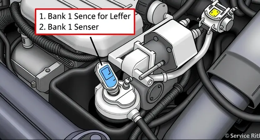 A detailed illustration of a car engine with a focus on the electrical system, highlighting the bank 1 sensor and its connections. Show the sensor and its wiring clearly, with a visual representation of a potential electrical fault or error. Include a close-up of the sensor and its surrounding components to emphasize the diagnostic process.