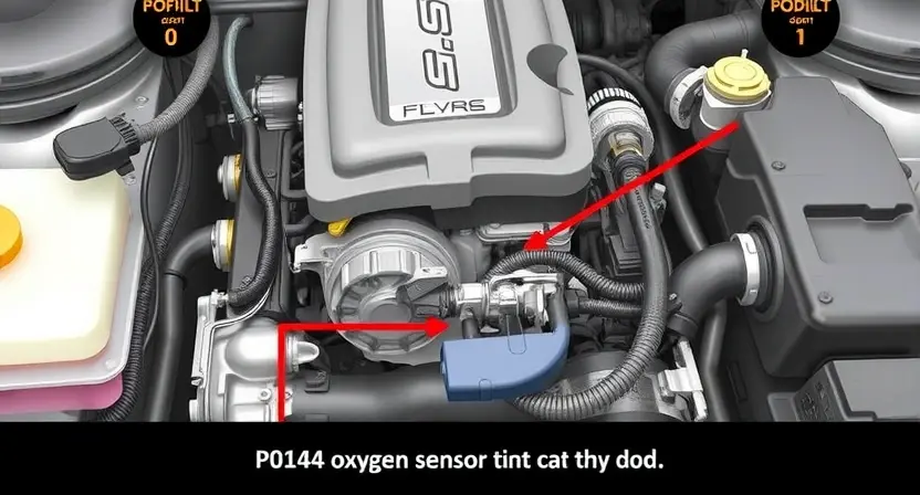 A detailed illustration of a car engine with a highlighted oxygen sensor, showing the location and connections related to the P0144 error code. The engine should be depicted in a cross-sectional view to clearly show the sensor and its wiring. The image should include visual indicators of potential issues such as loose connections, damaged wires, or a faulty sensor.