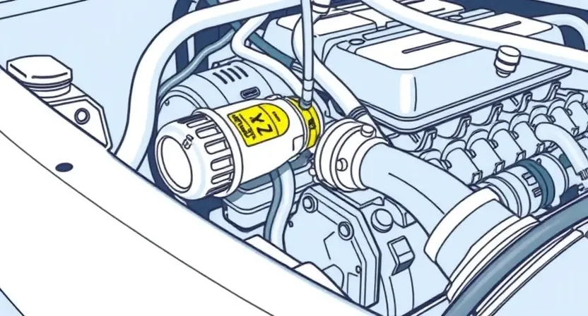A close-up, detailed illustration of a car's engine bay. Focus on the mass airflow sensor (MAF sensor) and its surrounding components. The sensor should be clearly visible, with wires and hoses connected. The engine bay should appear clean and well-maintained. The overall lighting should be bright and even, highlighting the details of the sensor and its connections.