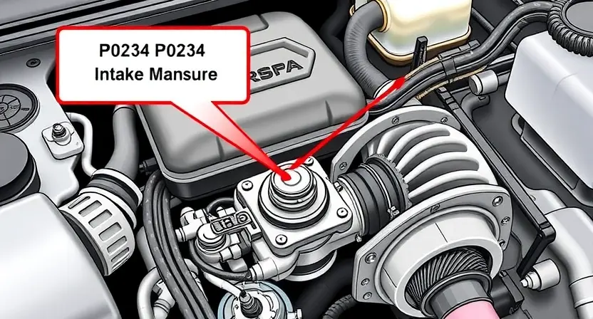 A detailed illustration of an automotive engine bay, focusing on the area around the intake manifold and the boost pressure sensor. The sensor should be clearly visible, along with wiring and hoses connected to it. Include a visual representation of the P0234 error code displayed on a dashboard or diagnostic screen. The overall scene should convey a sense of technical inspection and potential engine malfunction.