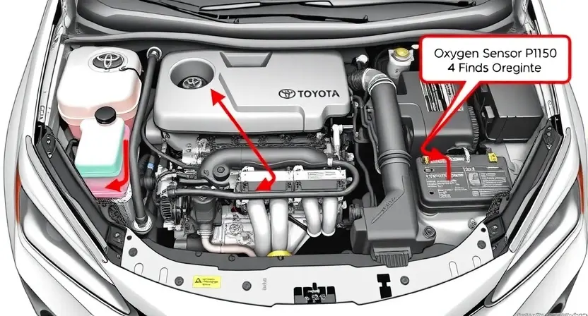 A detailed illustration of a Toyota car's engine bay, highlighting the oxygen sensor and related wiring. The image should focus on the area where the P1150 error code might originate. Clean, well-lit, and technical in style.