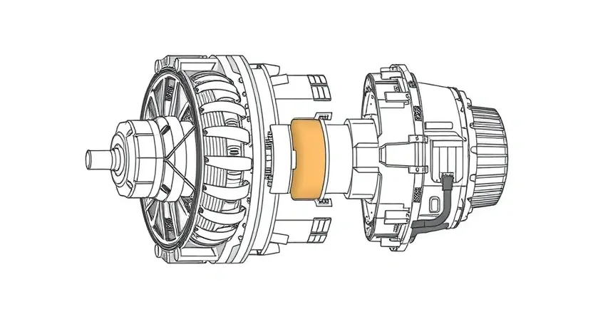 A detailed technical illustration of a hybrid vehicle's motor-generator unit (MG1). The image should clearly show the internal components: rotor, stator, windings, and associated cooling system. Focus on the mechanical connections and the overall structure. Use a clean, informative style suitable for a technical manual.