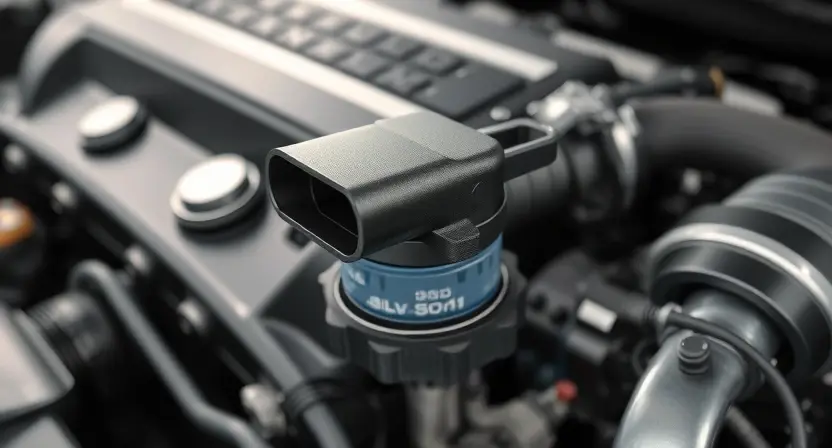 A close-up, detailed illustration of a car engine bay with a focus on the mass airflow sensor (MAF sensor). The sensor should be clearly visible, with surrounding engine components subtly in focus. The overall lighting should be bright and clean, highlighting the sensor's details. The engine should appear modern and well-maintained. The background should be blurred to emphasize the sensor.
