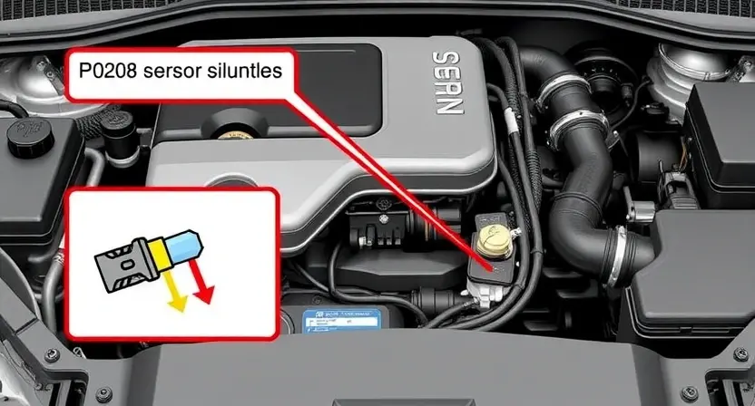 A detailed illustration of an engine bay with a focus on the intake manifold and sensor cluster. The image should depict a visual representation of a P0208 error code, perhaps with a highlighted sensor or a diagram showing the flow of air and fuel. Include visual cues suggesting a potential issue with the eighth cylinder's air intake.