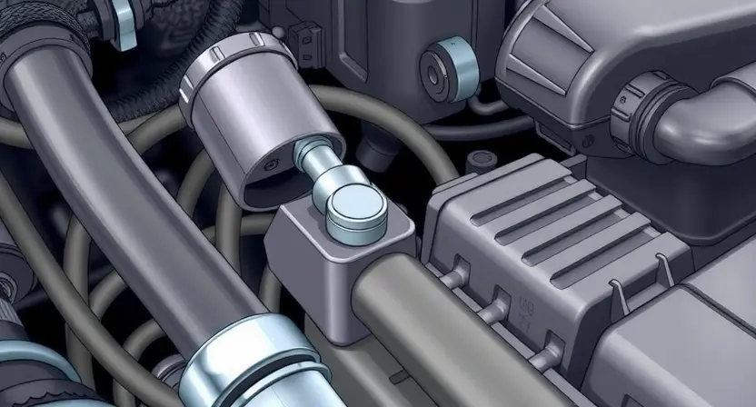 A close-up, detailed illustration of a car engine bay, focusing on the coolant temperature sensor and its wiring. The sensor should be clearly visible, along with the surrounding hoses and components. The image should convey a sense of technical precision and clarity, highlighting the sensor's location and connection points. The background should be slightly blurred to emphasize the sensor.