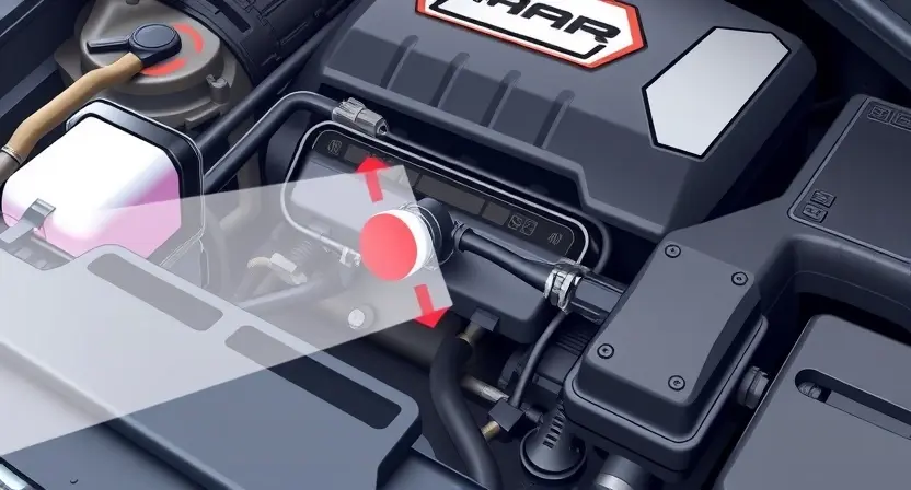 A detailed illustration of a car engine bay with a focus on the Mass Air Flow (MAF) sensor. The sensor should be clearly visible, with arrows indicating airflow direction. Highlight the sensor's connection to the engine control unit (ECU). Include subtle visual cues representing a high MAF signal, such as a slightly brighter glow around the sensor or a gentle wave pattern emanating from it. The overall scene should be clean and professional, emphasizing technical accuracy.