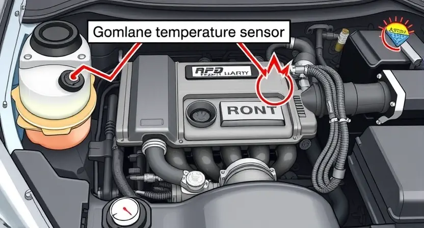 A detailed illustration of a car's engine bay, focusing on the coolant temperature sensor and surrounding components. The image should clearly show the location of the sensor and its connection to the engine block. Include visual cues indicating overheating, such as a slightly glowing or stressed appearance of nearby parts. The overall composition should be clean and informative, suitable for a technical guide.