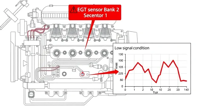 A detailed schematic diagram of an engine bank with a focus on the EGT sensor. Highlight the EGT sensor (Bank 2, Sensor 1) and indicate a low signal condition with visual cues like a red warning symbol and a downward trending line on a graph. Include wiring and connections for clarity.