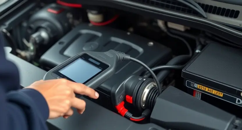 A close-up shot of a car's engine bay with a mechanic using a diagnostic scan tool connected to the engine control unit (ECU). The focus should be on the connection between the tool and the ECU, highlighting the diagnostic process. The engine should appear clean and well-maintained.