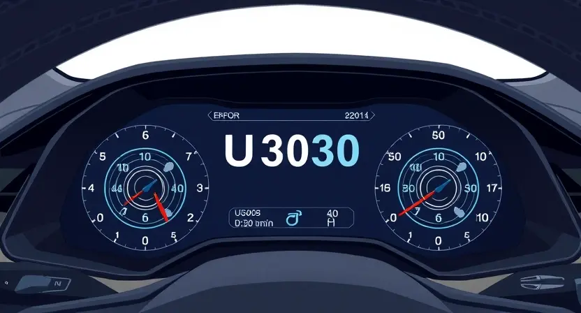 A detailed illustration of an electric vehicle's dashboard displaying a prominent 'U3030' error message. The background should subtly show the car's interior, focusing on the instrument cluster. Include visual cues representing electrical systems, such as wiring diagrams or circuit board elements, subtly integrated into the background to suggest the technical nature of the error. The overall composition should be clean and informative, emphasizing the error code.