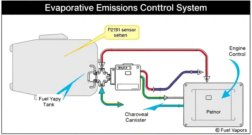 A detailed diagram illustrating a vehicle's evaporative emissions control system, highlighting the location of the P2191 sensor and its connection to the fuel tank, charcoal canister, and engine control unit. Use clear labels and arrows to indicate the flow of fuel vapors. Focus on the system's components and their relationships.