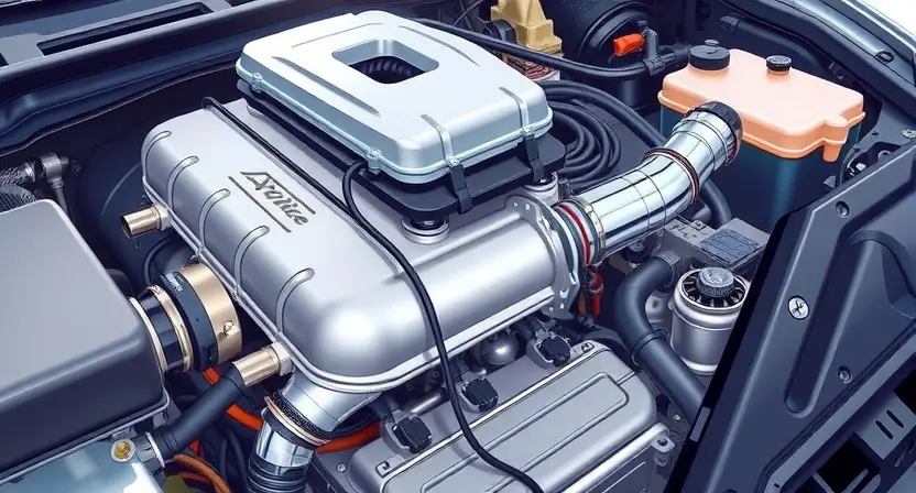 A detailed illustration of an automotive engine bay with a focus on the catalytic converter and associated wiring. The engine should be partially visible, showcasing various components. The catalytic converter should be clearly depicted, with visible sensors and connections. The overall lighting should be bright and realistic, highlighting the details of the engine components.