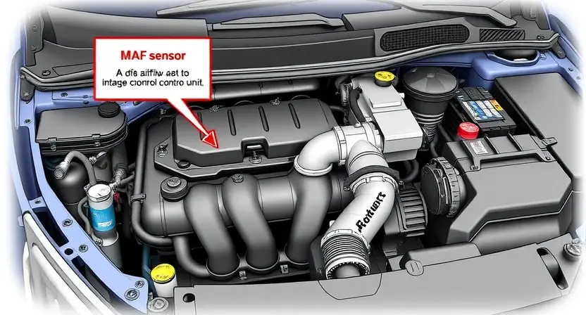 A detailed illustration of a car's engine bay, highlighting the Mass Airflow Sensor (MAF) and its connection to the engine control unit (ECU). Arrows should indicate the airflow path through the MAF sensor. The image should also subtly depict the intake manifold and throttle body. Focus on clarity and technical accuracy.