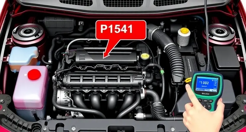 A detailed illustration of a VAZ/Lada car engine bay, highlighting the P1541 error code indicator light. Focus on the engine components, wiring, and the diagnostic tools used to identify the issue.