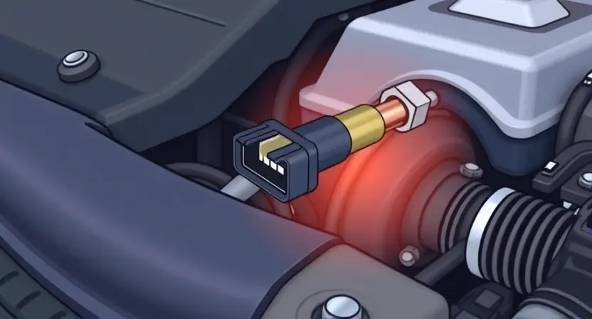 A close-up illustration of a car engine bay with a focus on the engine coolant temperature sensor. The sensor should be clearly visible, and there should be subtle visual cues indicating a slightly elevated temperature (e.g., a faint orange glow or heat haze). The background should show other engine components, but the sensor should be the primary focus. The overall aesthetic should be clean and informative, suitable for a technical article.