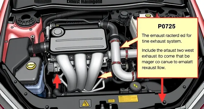 A detailed illustration of a car's engine bay, focusing on the exhaust manifold and related components. The image should clearly depict the area where the P0725 error code is related to the exhaust system. Include visual cues representing the exhaust flow and potential issues.