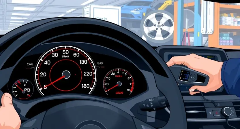 A detailed illustration of a modern car's dashboard with a highlighted error code B2210 displayed on the instrument cluster. The scene should include a mechanic using a diagnostic tool connected to the car's OBD-II port, with various car parts and tools in the background to indicate a repair shop setting.