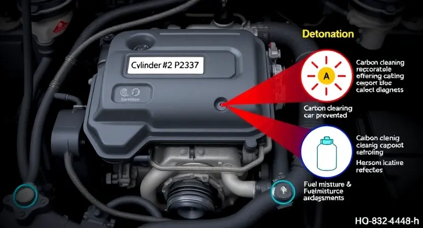 A high-quality technical illustration showing a car engine with a highlighted cylinder #2, displaying a warning sign for error code P2337, surrounded by diagrams of detonation effects and preventive measures like carbon cleaning and fuel mixture adjustments, in the style "HQ-832-448-h"