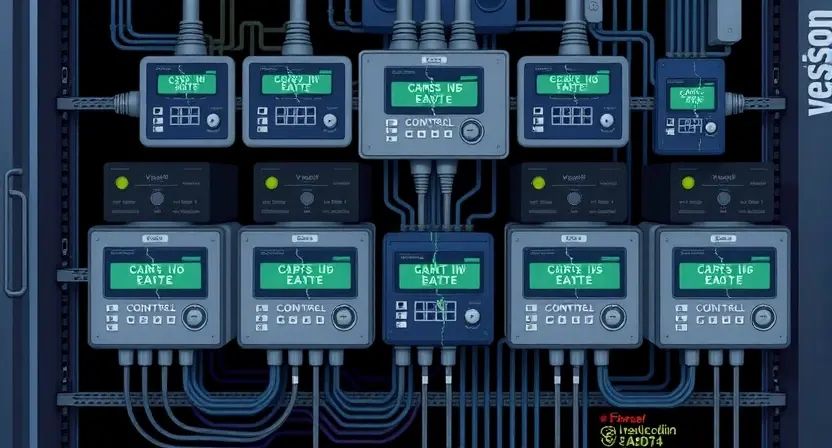 A detailed technical illustration showing a system with multiple control units, each labeled with different software versions. The image should depict a visual representation of version incompatibility, such as broken connections or error symbols between the units. Include a small, subtle error code display in the corner to indicate the issue.